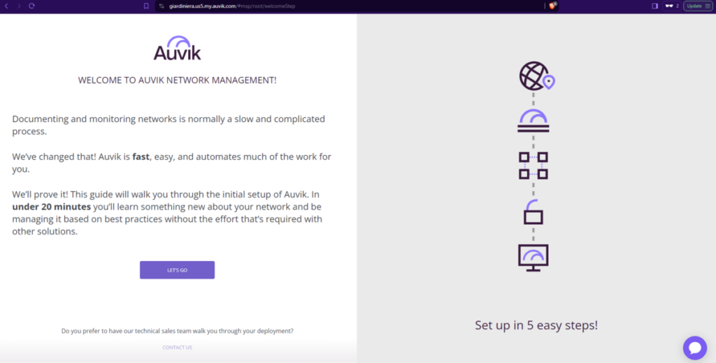 The welcome screen for the Auvik free trial onboarding wizard