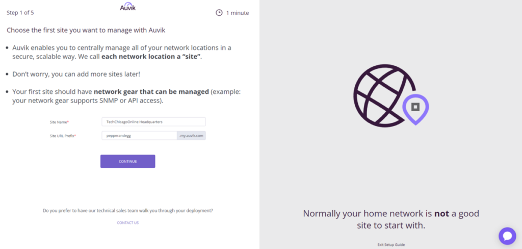 Site configuration during the initial onboarding steps of an Auvik free trial