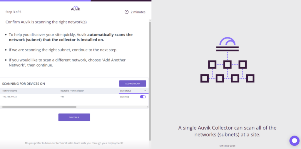 The screen to confirm or add networks during the initial configuration of an Auvik free trial