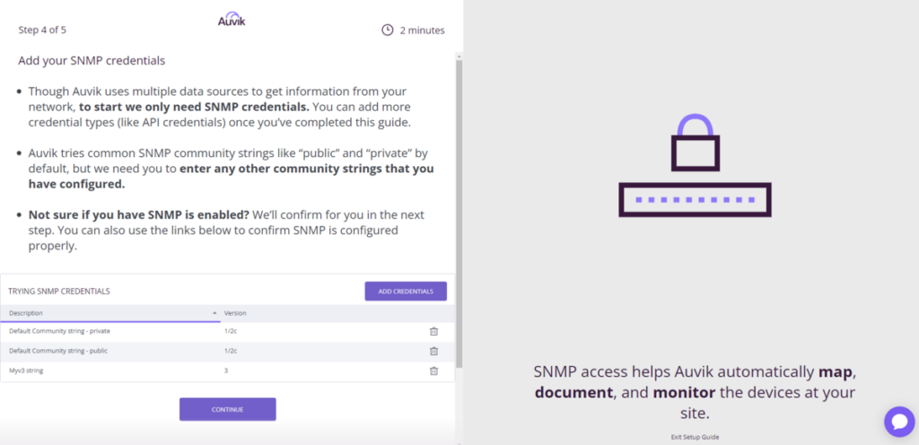 Adding SNMP credentials to the Auvik discovery wizard within a free trial