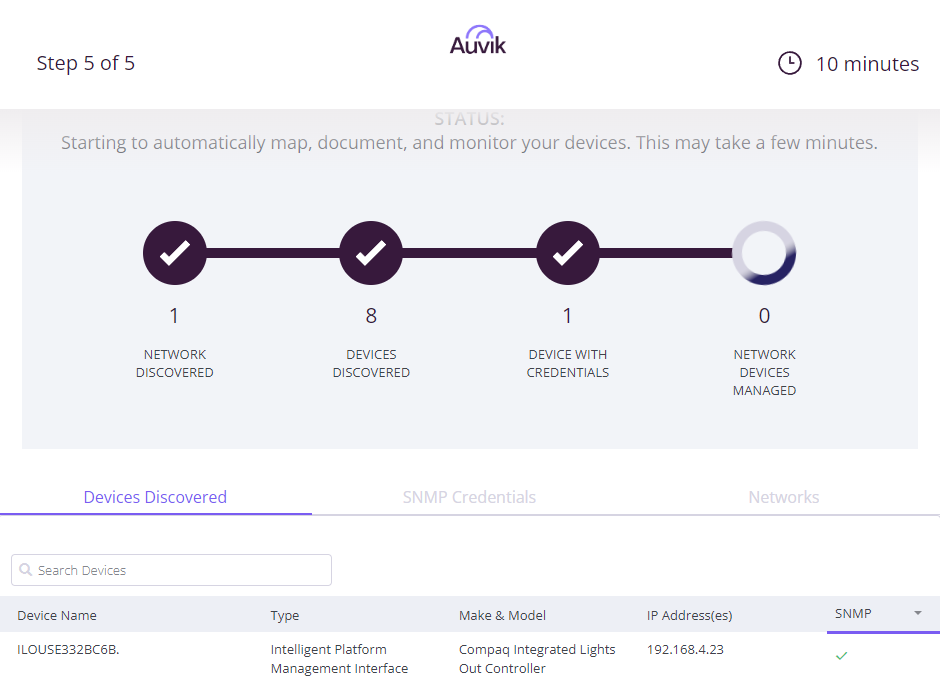 Step 5 of 5 in the Auvik discovery wizard within a free trial