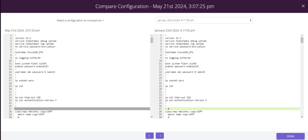 A network device configuration comparison in Auvik free trial