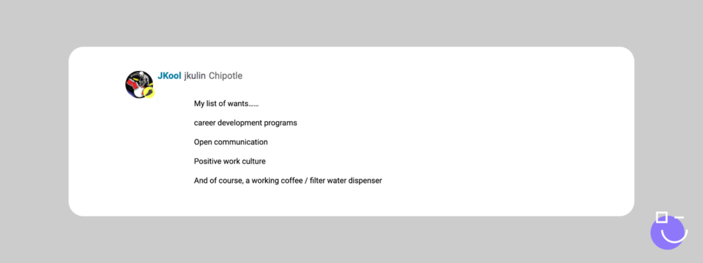 SysAdmin Day contest response from Spiceworks that reads: My list of wants……

career development programs

Open communication

Positive work culture

And of course, a working coffee / filter water dispenser