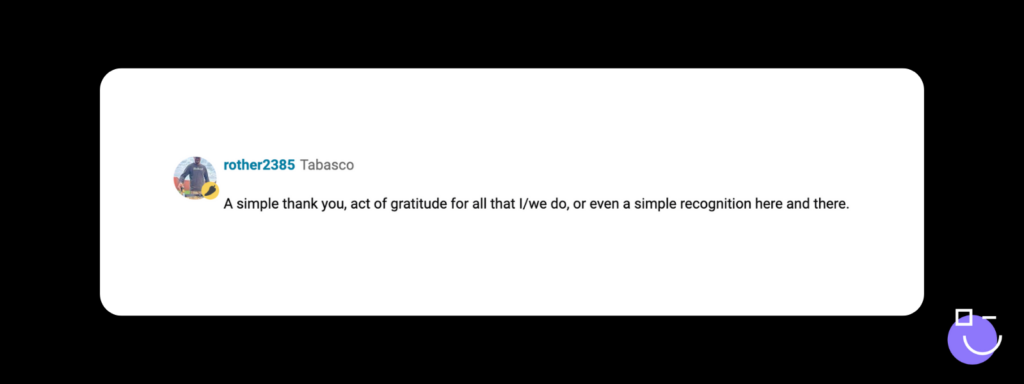 SysAdmin Day contest response from Spiceworks that reads: A simple thank you, act of gratitude for all that I/we do, or even a simple recognition here and there.